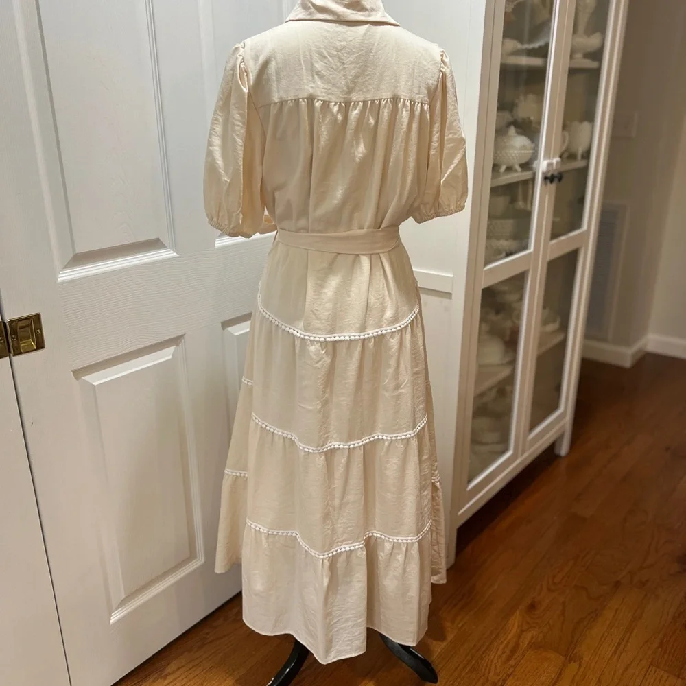 Women’s Cream Button-Front Tiered Maxi Dress with Self-Tie Waist - Picture 4 of 6